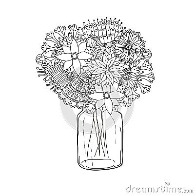 Doodle cute flower in jar. Monochrome sketch beautiful decorative plant image stock vector illustration Vector Illustration